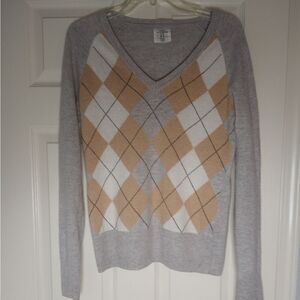 L.O.G.G.by H&M GrayBeige Geometric Lslv V-neck Merino Wool Blend Women's Sweater